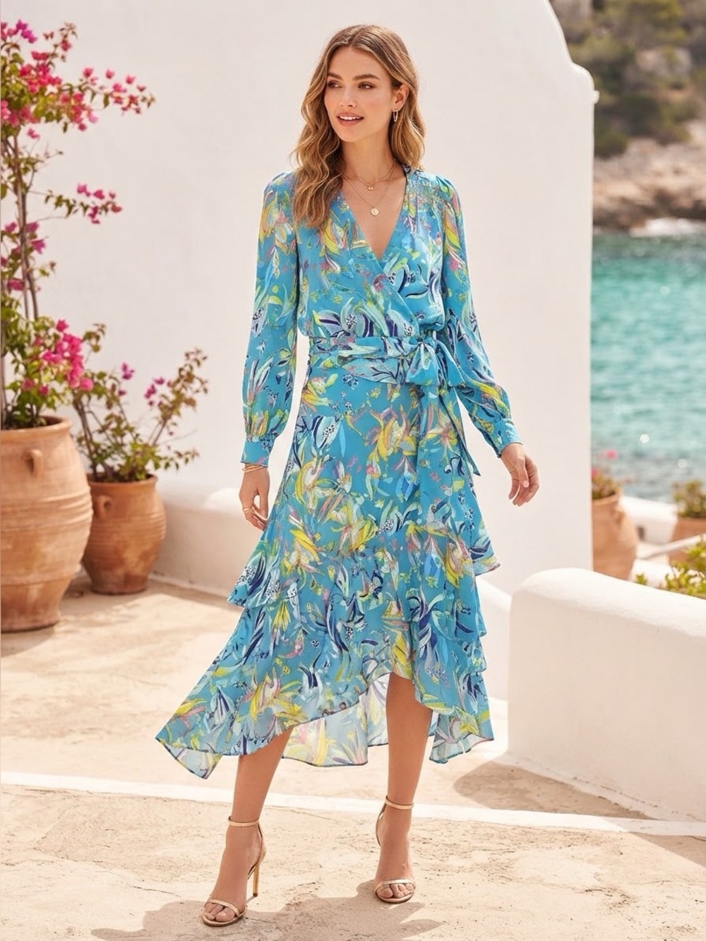 Womens Blue Floral Midi Dress Wrap Ruffle V-Neck Summer Beach Vacation Size L 12
